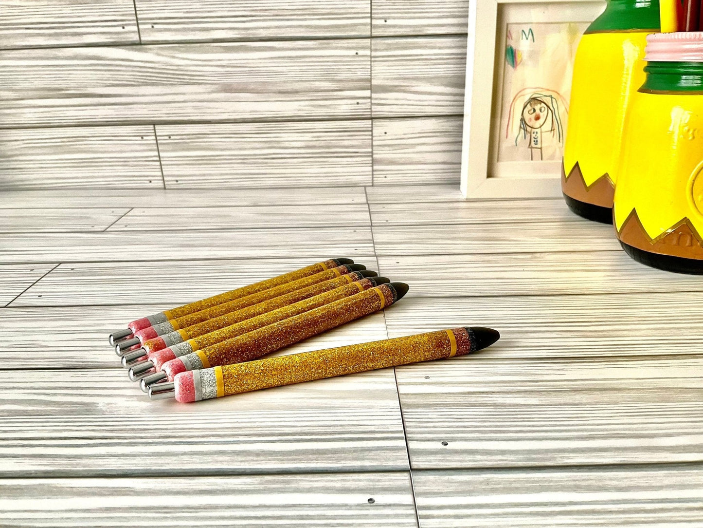 Set of 3 Personalized Gold Glitter Teacher Pens by Lina Loves Two, handmade in Los Angeles CA