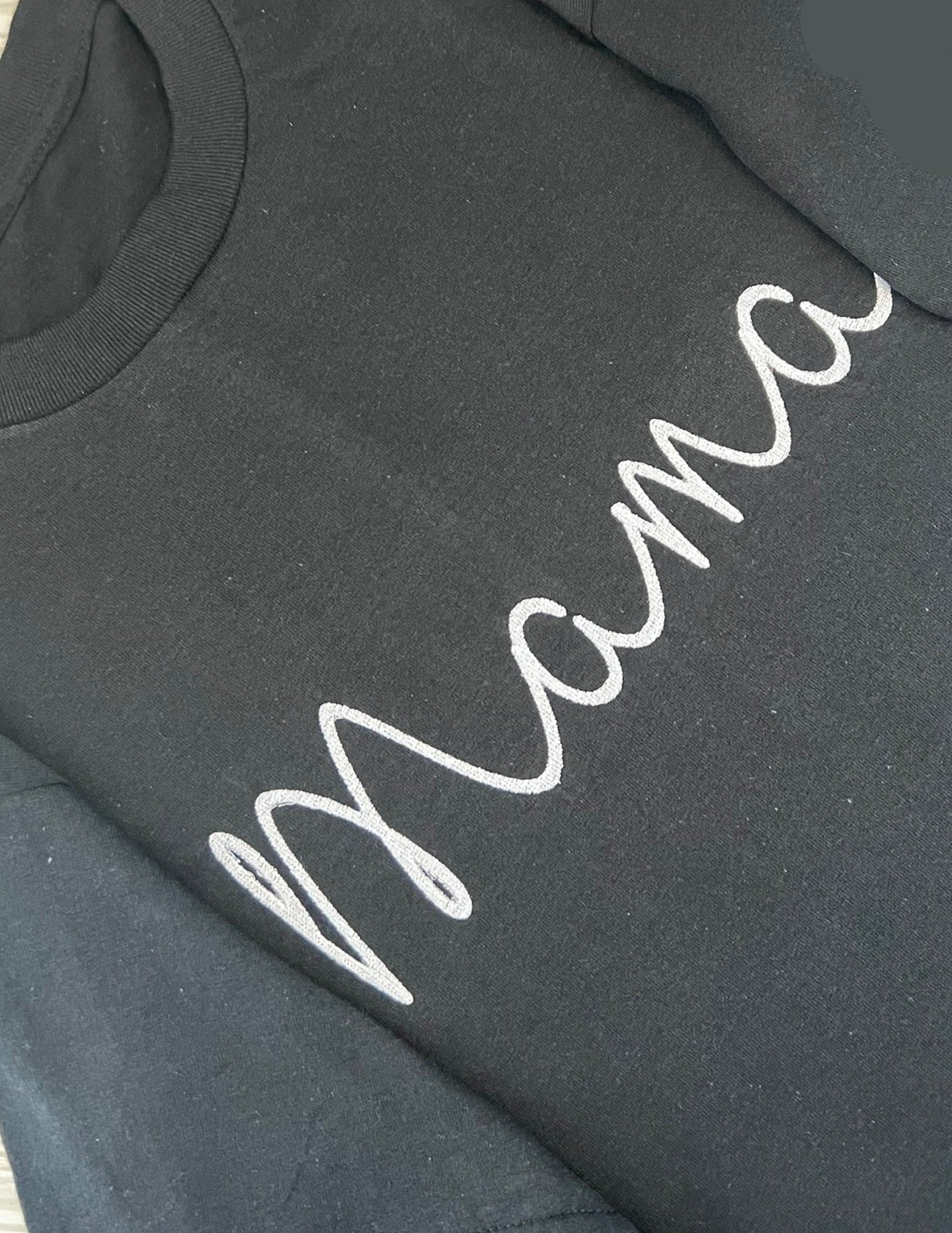 Elevate Mom Style: Uppercase 'MAMA' Script Embroidered Tee - Mom & Mama Appreciation - Embroidery for Stylish Mom Tee by Lina Loves Two, handmade in Los Angeles CA