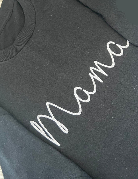 Elevate Mom Style: Uppercase 'MAMA' Script Embroidered Tee - Mom & Mama Appreciation - Embroidery for Stylish Mom Tee by Lina Loves Two, handmade in Los Angeles CA