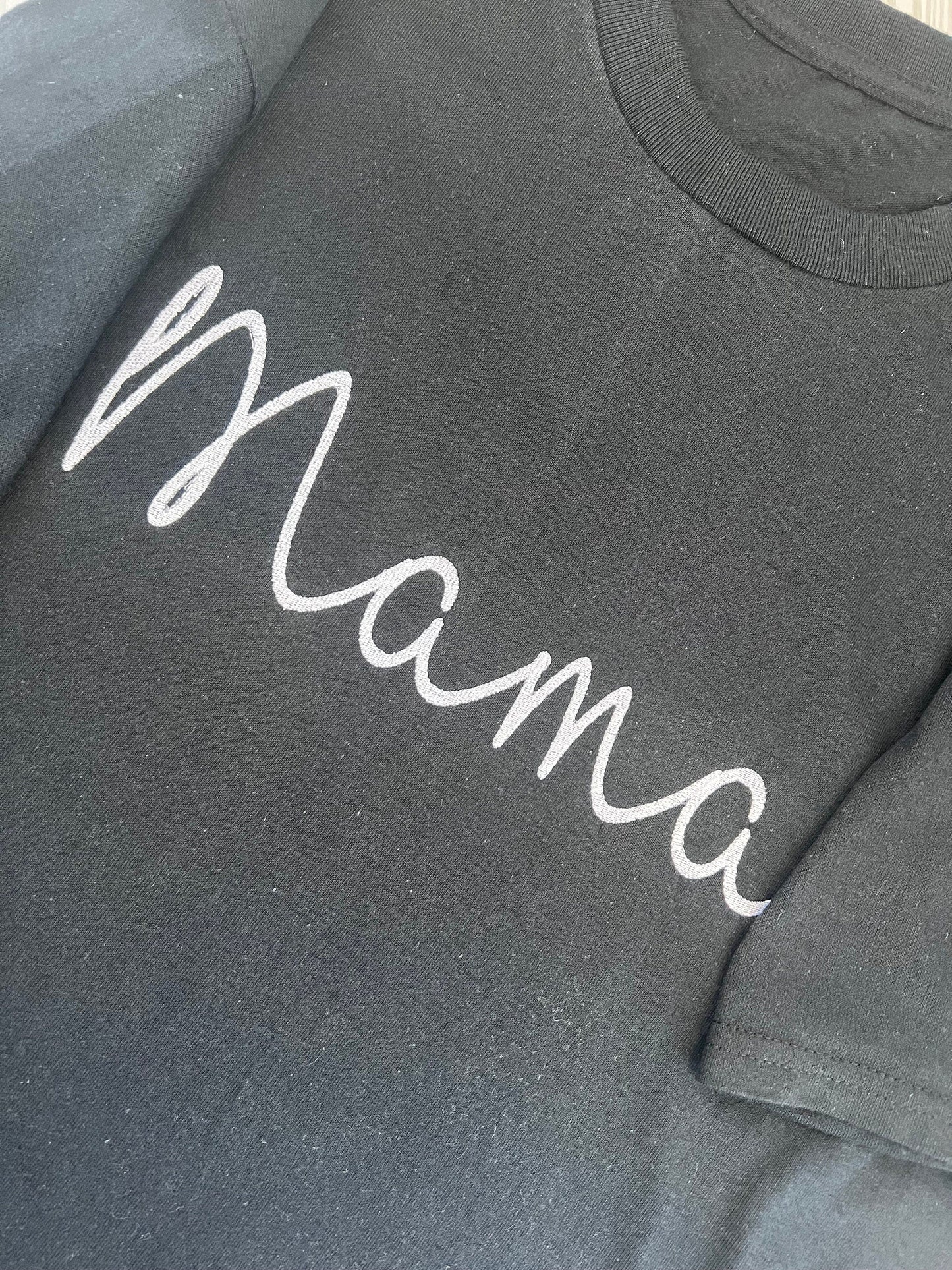 Elevate Mom Style: Uppercase 'MAMA' Script Embroidered Tee - Mom & Mama Appreciation - Embroidery for Stylish Mom Tee by Lina Loves Two, handmade in Los Angeles CA