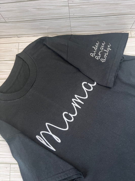 Mama Script Personalized Embroidered w/ Kids Name t-shirt - Mom and Mama Appreciation -Custom Embroidery for Mom shirt by Lina Loves Two, handmade in Los Angeles CA