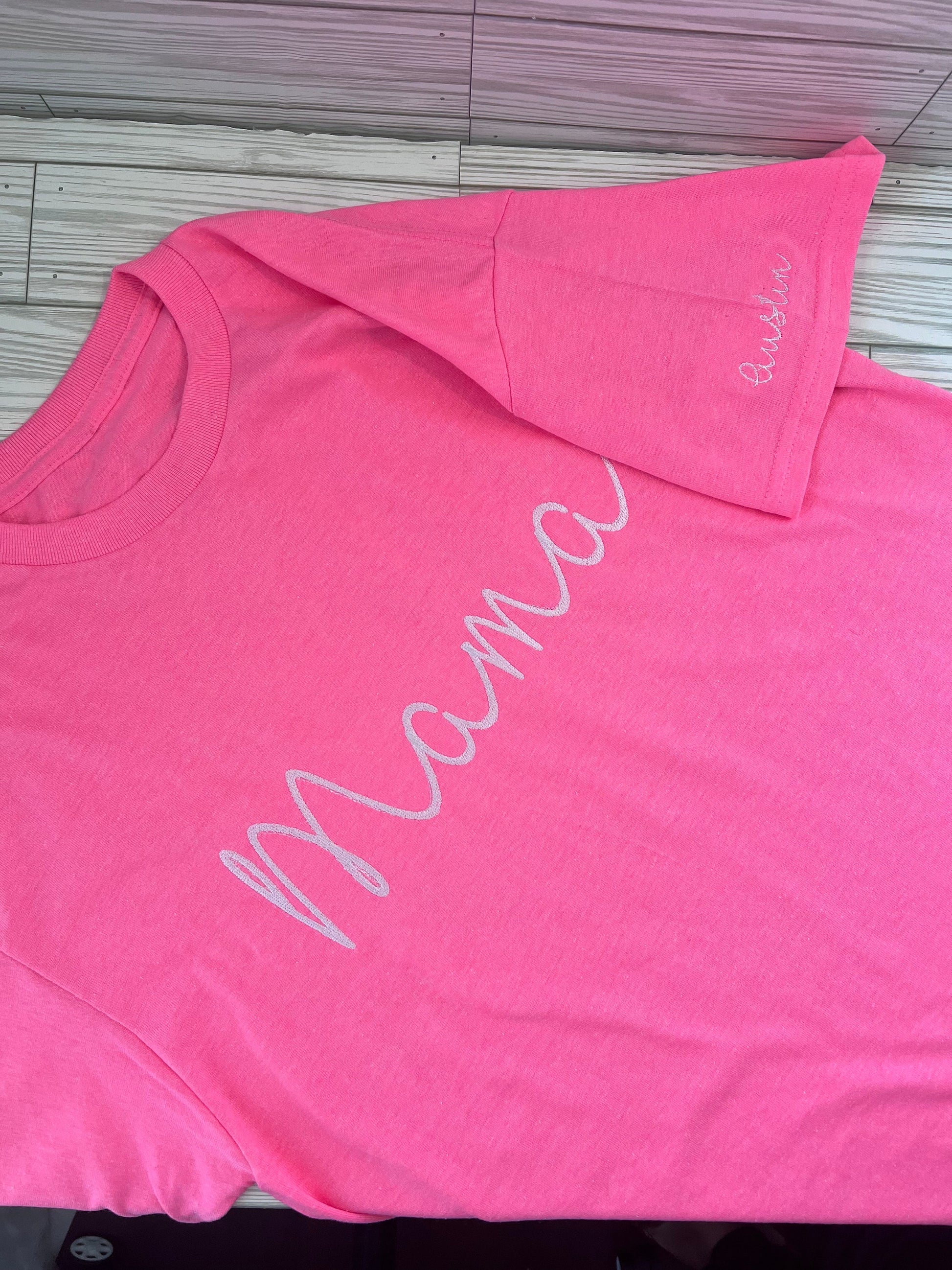 Mama Script Personalized Embroidered w/ Kids Name t-shirt - Mom and Mama Appreciation -Custom Embroidery for Mom shirt