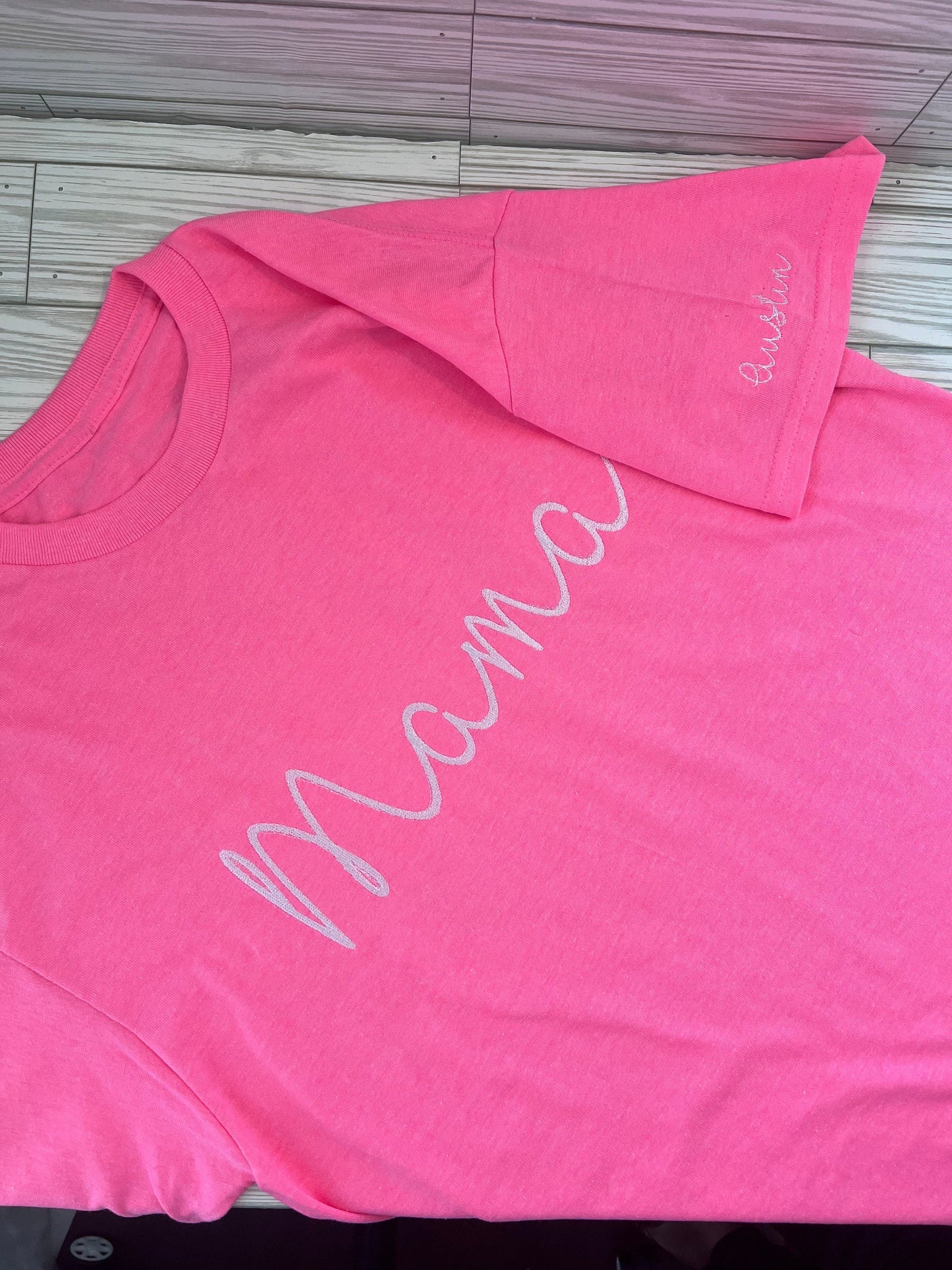 Mama Script Personalized Embroidered w/ Kids Name t-shirt - Mom and Mama Appreciation -Custom Embroidery for Mom shirt by Lina Loves Two, handmade in Los Angeles CA