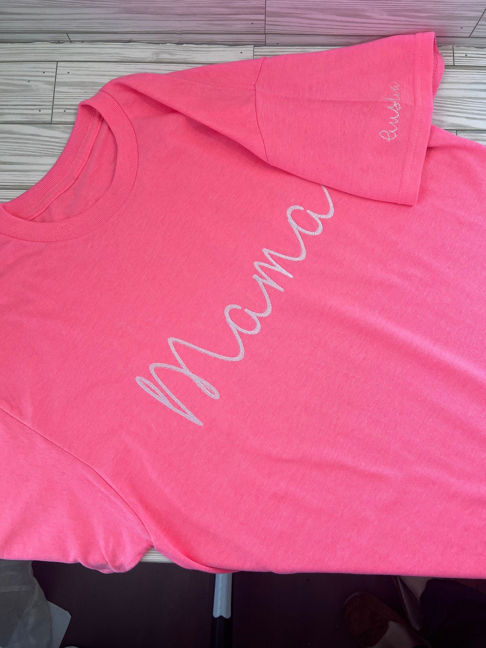 Mama Script Personalized Embroidered w/ Kids Name t-shirt - Mom and Mama Appreciation -Custom Embroidery for Mom shirt by Lina Loves Two, handmade in Los Angeles CA