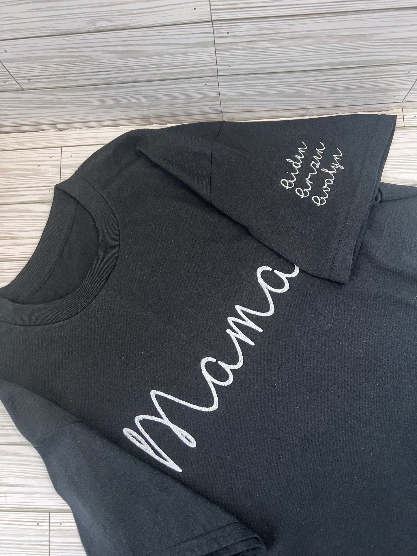 Mama Script Personalized Embroidered w/ Kids Name t-shirt - Mom and Mama Appreciation -Custom Embroidery for Mom shirt by Lina Loves Two, handmade in Los Angeles CA