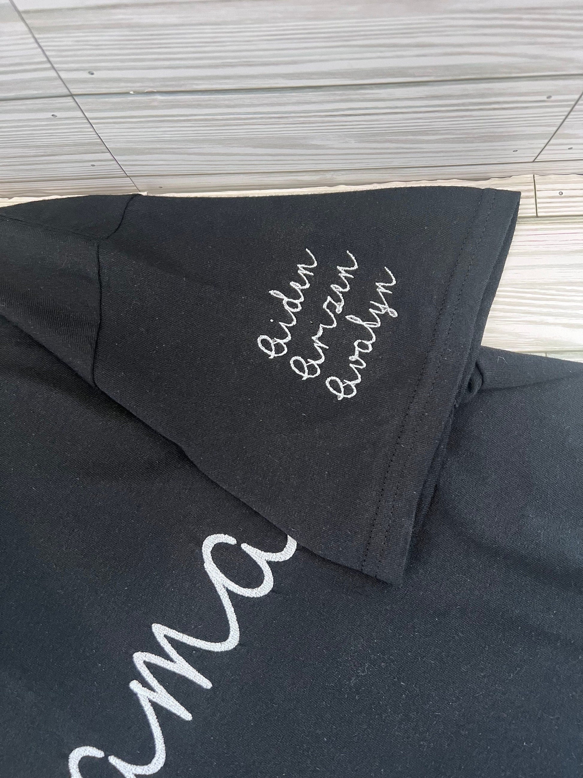 Mama Script Personalized Embroidered w/ Kids Name t-shirt - Mom and Mama Appreciation -Custom Embroidery for Mom shirt by Lina Loves Two, handmade in Los Angeles CA