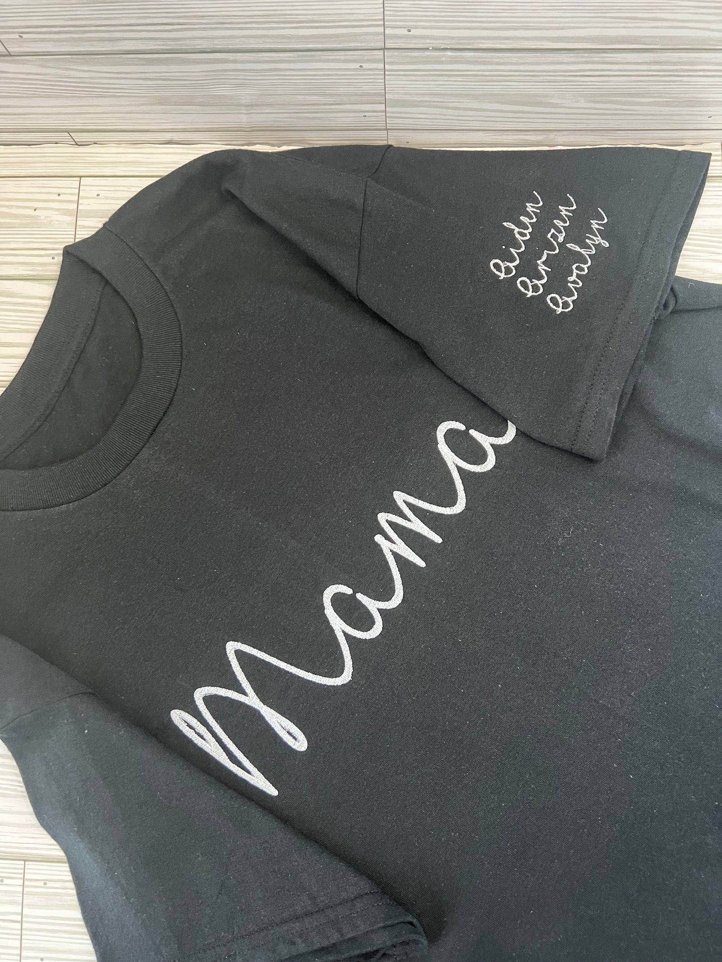 Mama Script Personalized Embroidered w/ Kids Name t-shirt - Mom and Mama Appreciation -Custom Embroidery for Mom shirt by Lina Loves Two, handmade in Los Angeles CA