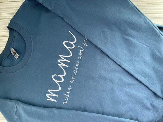 Mom's Love Embodied: Personalized Mama Script Sweatshirt with Kids' Names - Custom Embroidery for Mother's Day Appreciation! Handmade Gift