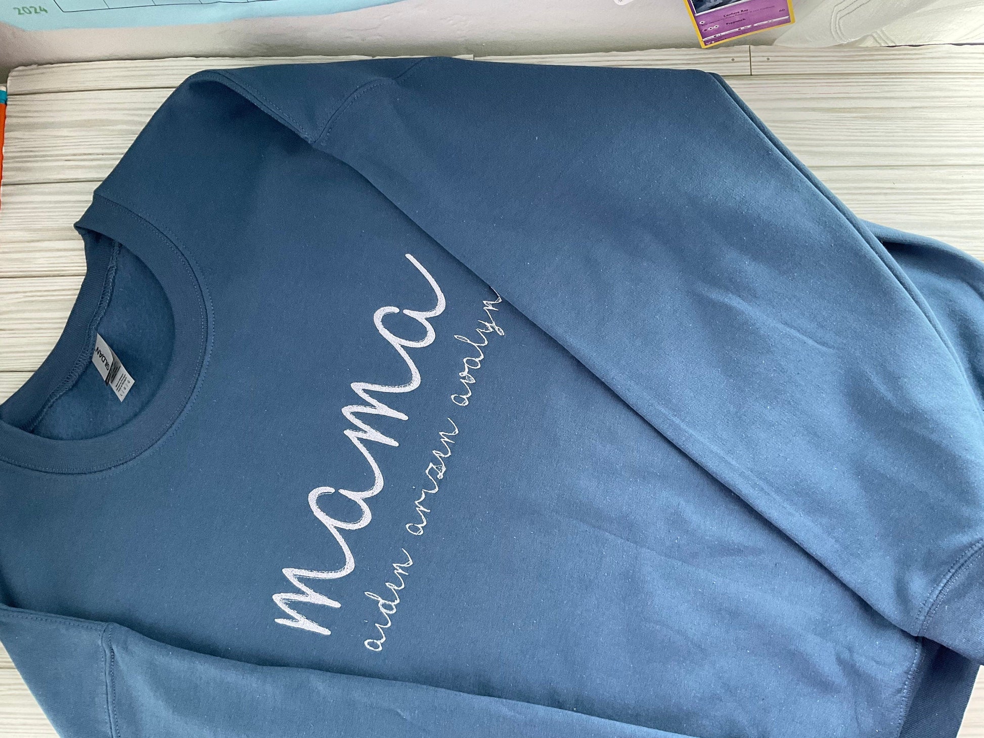 Mom's Love Embodied: Personalized Mama Script Sweatshirt with Kids' Names - Custom Embroidery for Mother's Day Appreciation! Handmade Gift by Lina Loves Two, handmade in Los Angeles CA