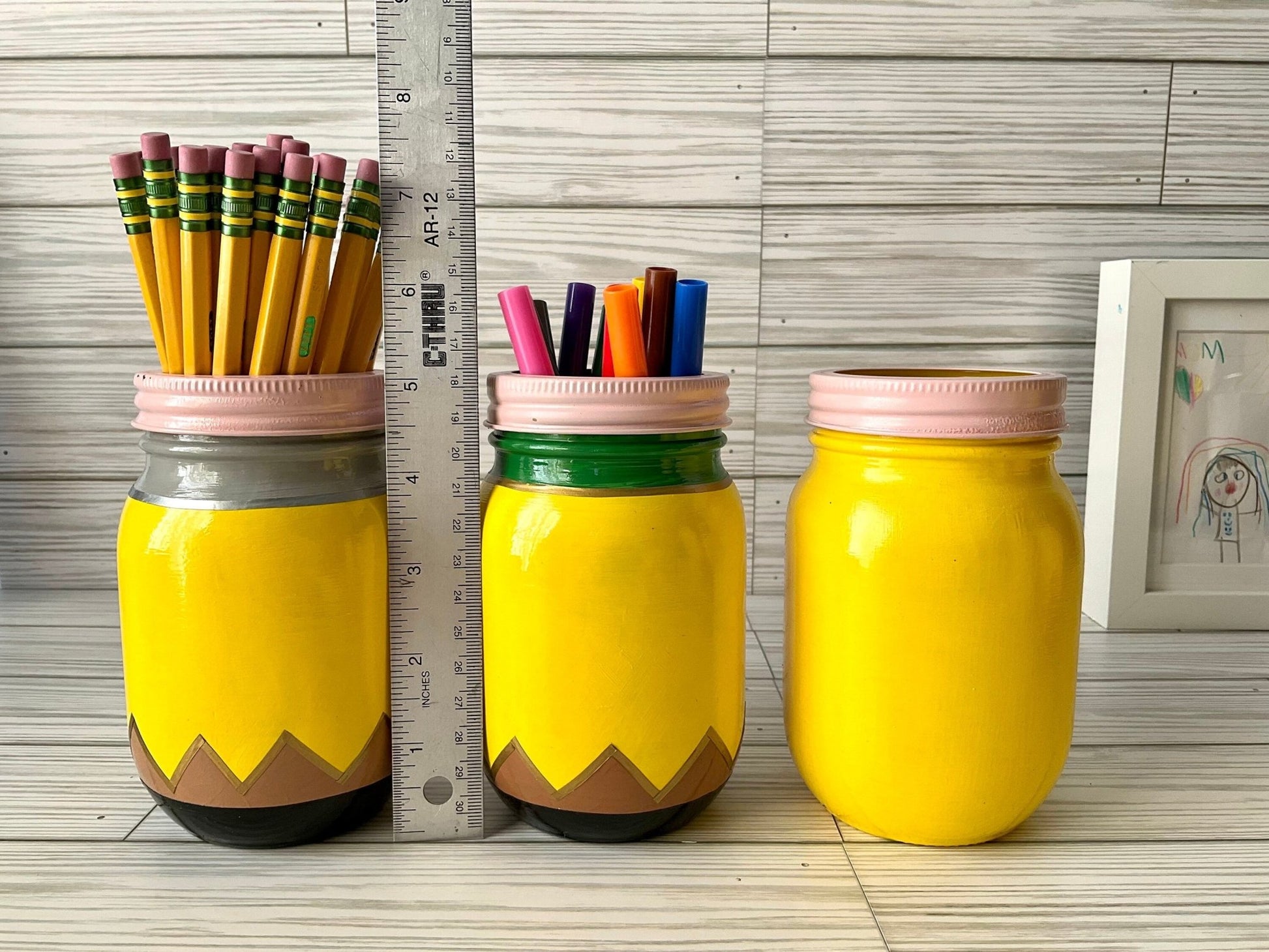 Chic 5” Glass Jar Pencil Holder - Ideal Teacher Gifts, Stylish Teacher Pen Organizer, Yellow Pencil Storage - Lina Loves Two