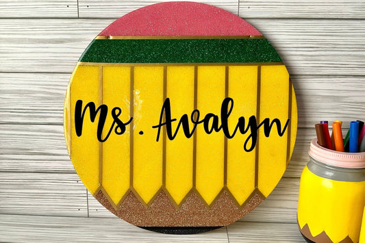 Round Glitter Pencil Door Sign | Personalized Teacher Gifts | Unique Teacher Name Sign | Sparkling Classroom Decor by Lina Loves Two, handmade in Los Angeles CA