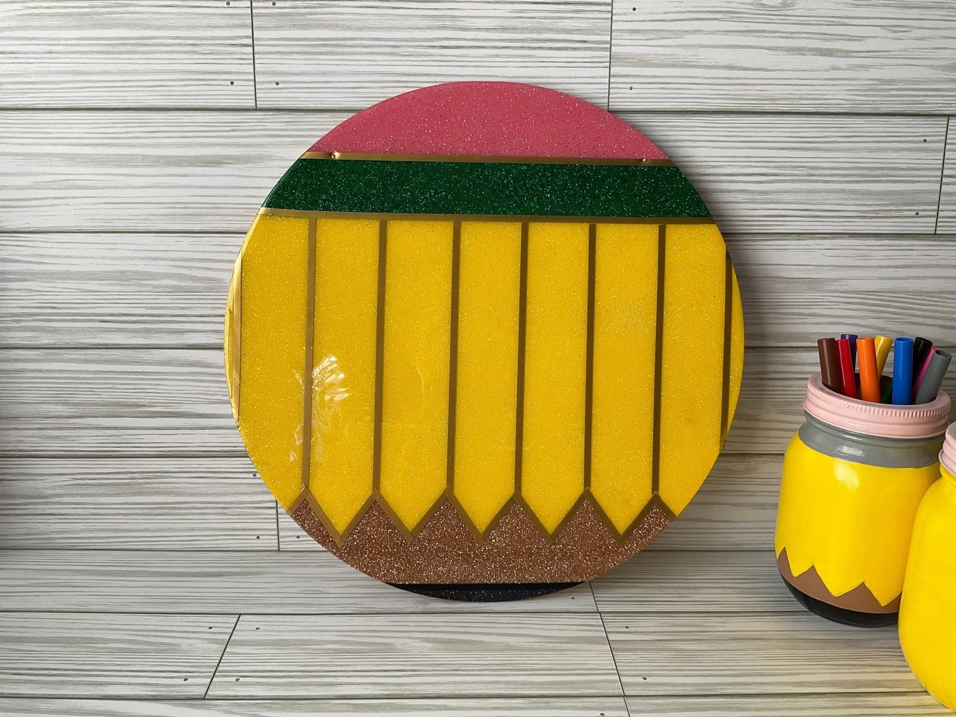 Round Glitter Pencil Door Sign | Personalized Teacher Gifts | Unique Teacher Name Sign | Sparkling Classroom Decor by Lina Loves Two, handmade in Los Angeles CA