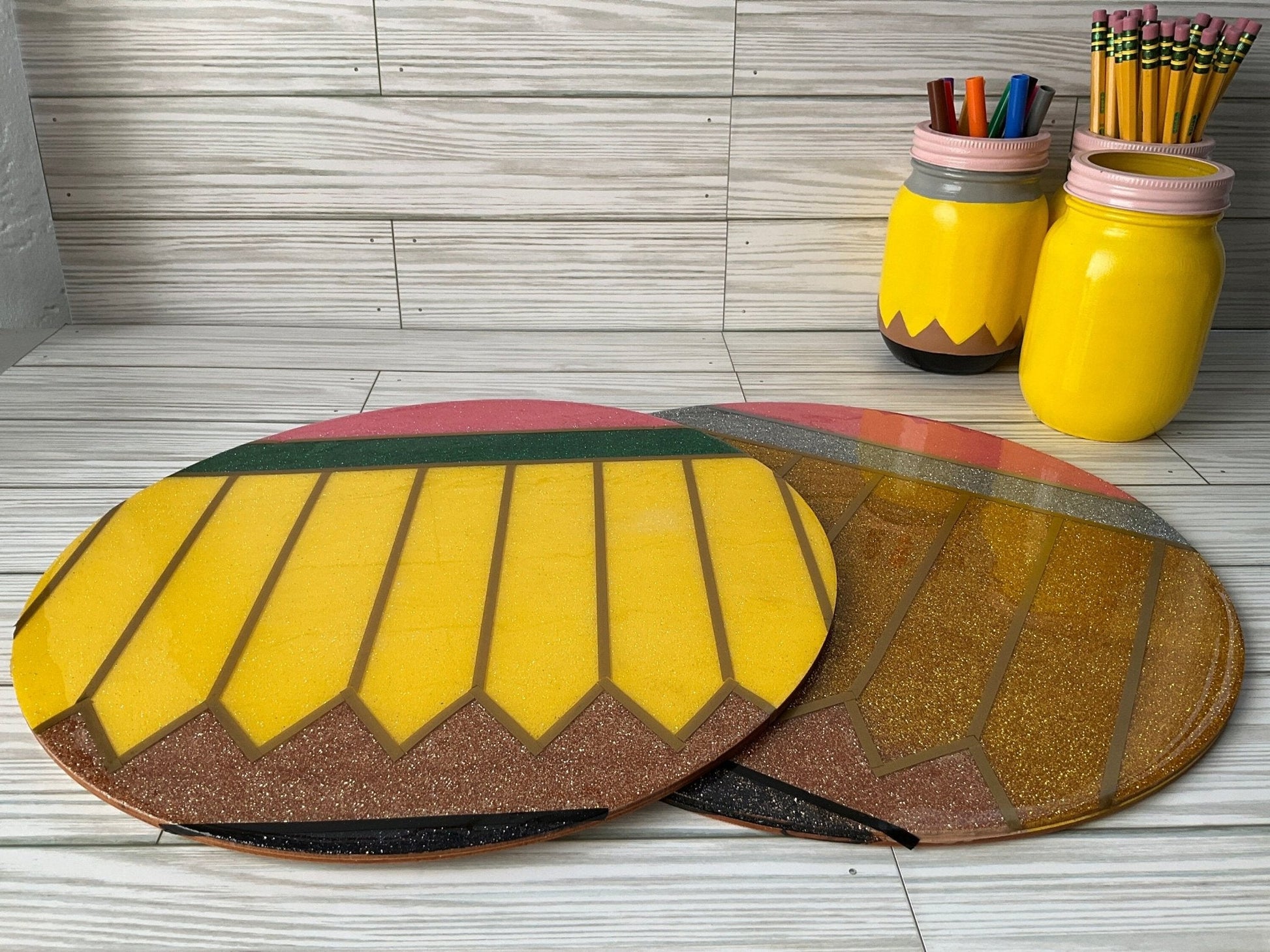 Round Glitter Pencil Door Sign | Personalized Teacher Gifts | Unique Teacher Name Sign | Sparkling Classroom Decor by Lina Loves Two, handmade in Los Angeles CA