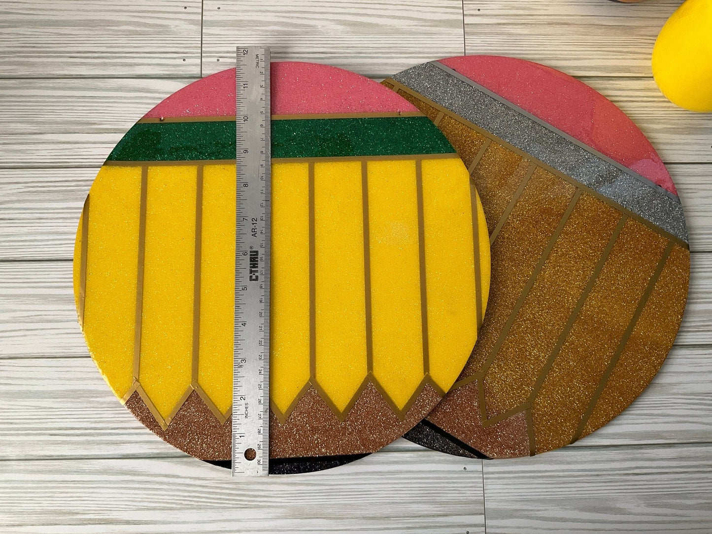 Round Glitter Pencil Door Sign | Personalized Teacher Gifts | Unique Teacher Name Sign | Sparkling Classroom Decor by Lina Loves Two, handmade in Los Angeles CA