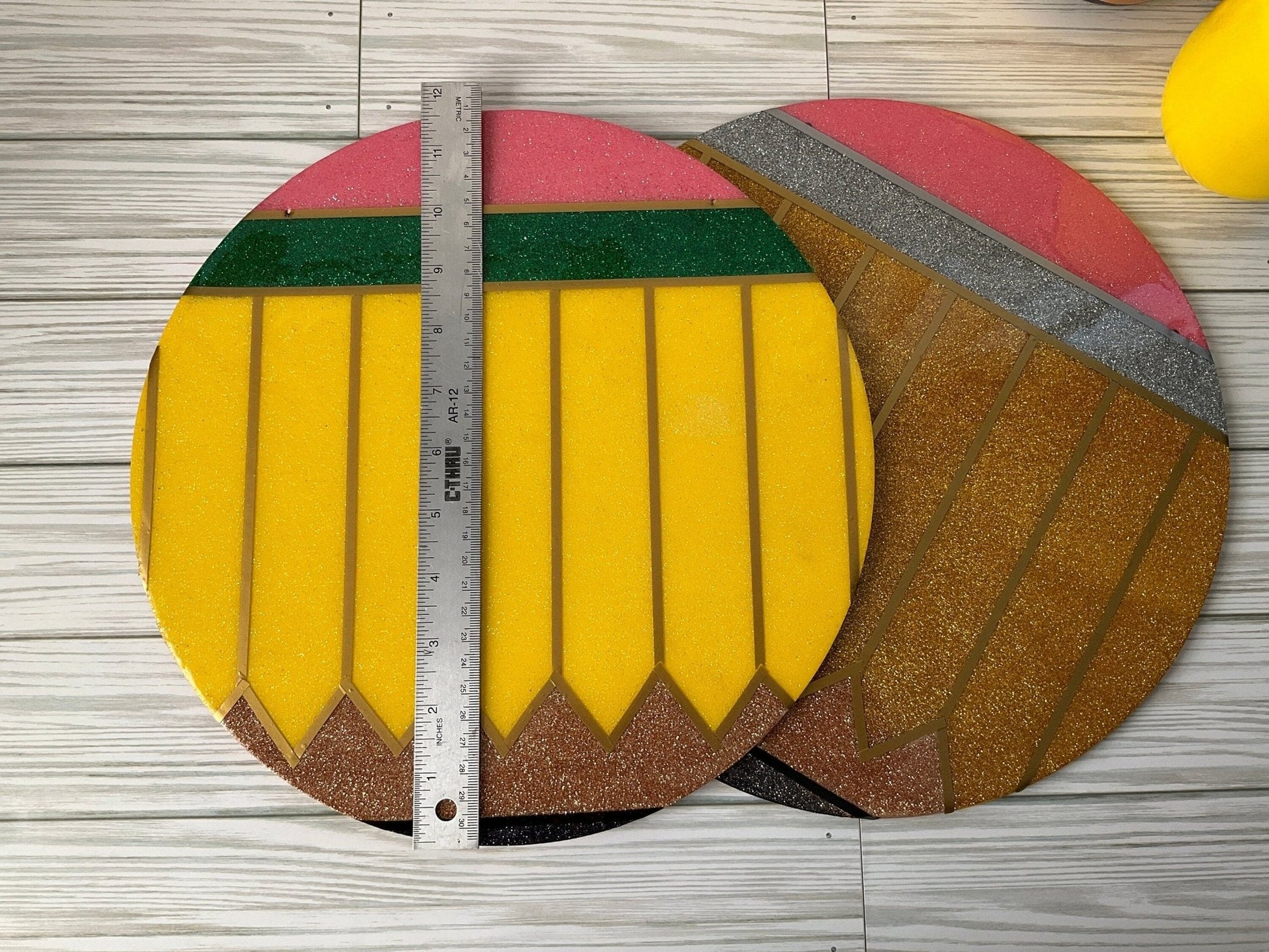 Round Glitter Pencil Door Sign | Personalized Teacher Gifts | Unique Teacher Name Sign | Sparkling Classroom Decor by Lina Loves Two, handmade in Los Angeles CA