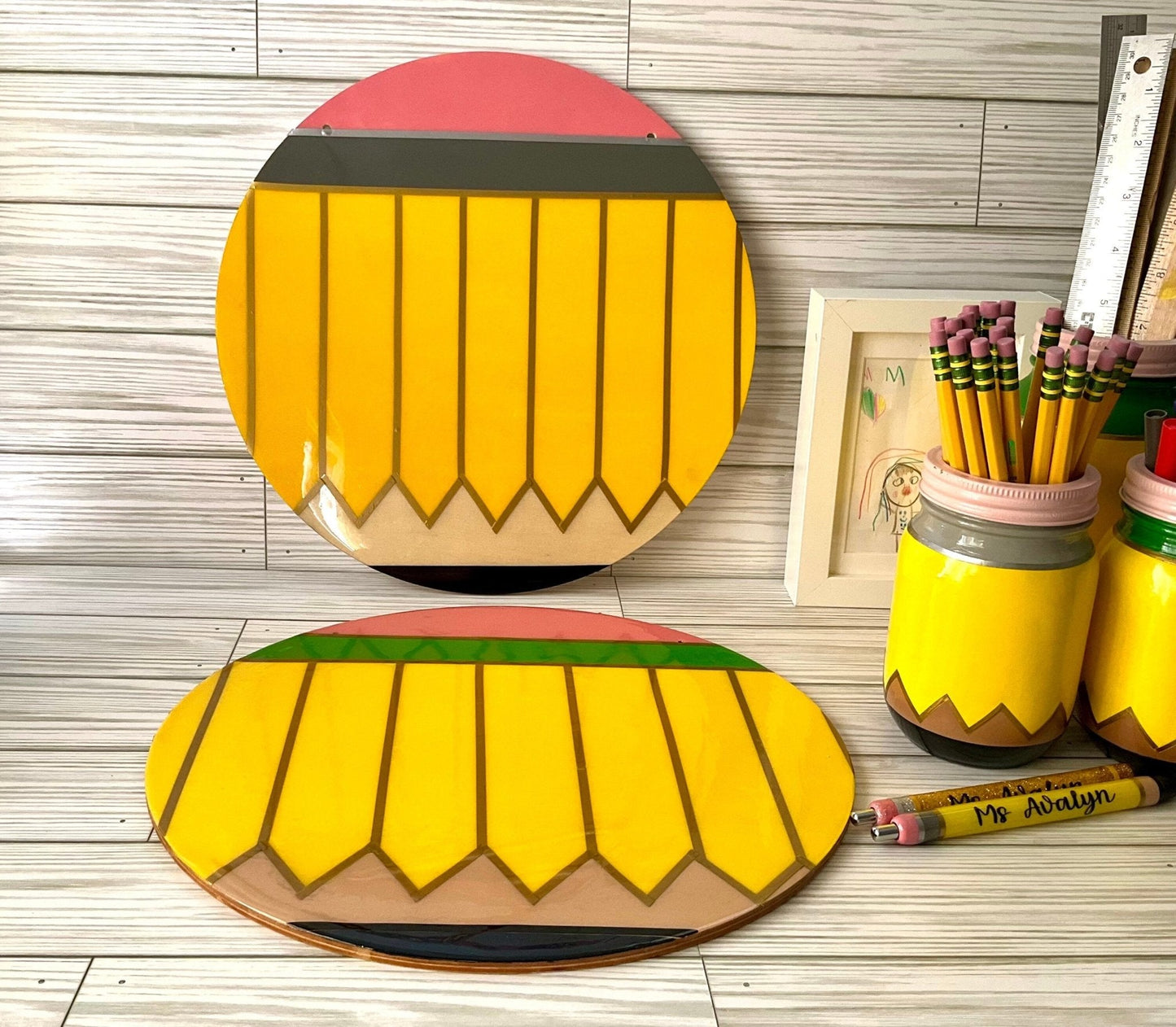 Round Pencil Door Sign | Personalized Teacher Gifts | Teacher Name Sign | Unique Classroom Decor by Lina Loves Two, handmade in Los Angeles CA