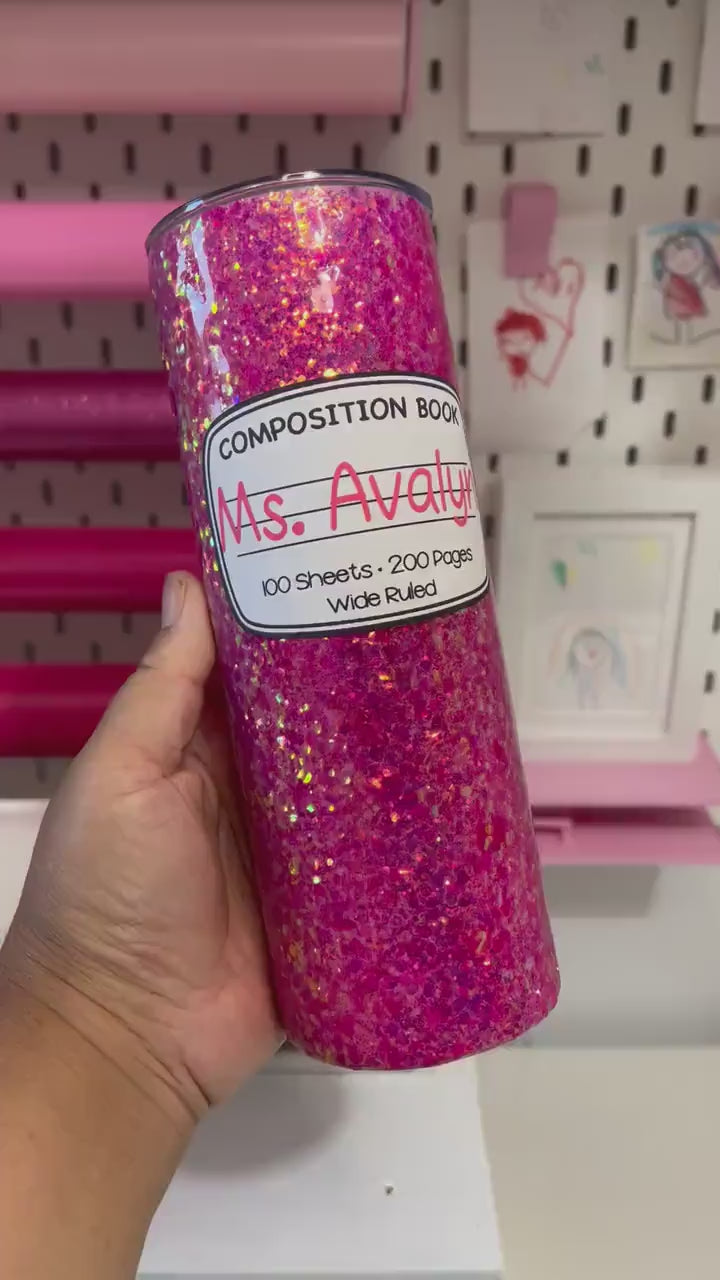 20oz Stainless Steel Glitter Pink Composition Notebook Custom Tumbler – Personalized Teacher or Student Gift