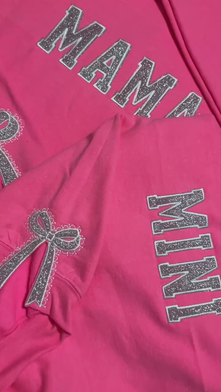 Embroidered Glitter Side Lace Bow Appliqué Mama and Mini Sweatshirt Design | Embroidered Bow Sweatshirt | Matching Mama Mini Sweatshirts