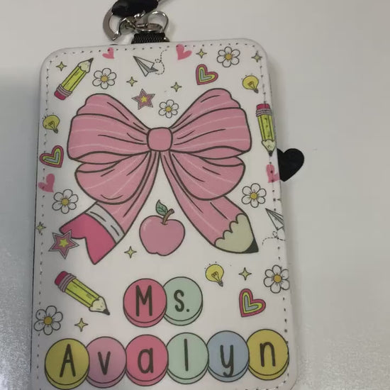 Personalized Pencil ID Badge Holder: Coquette Bow Teacher Lanyard