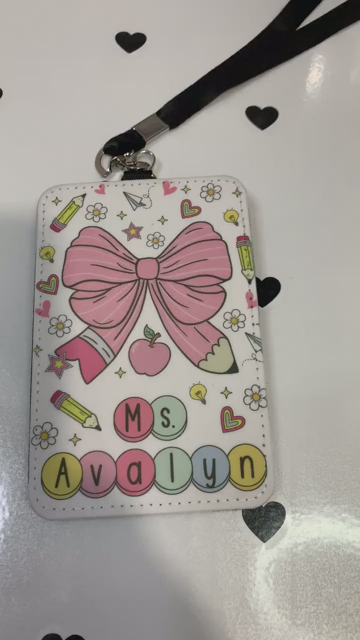 Personalized Pencil ID Badge Holder: Coquette Bow Teacher Lanyard