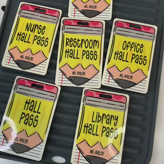 “Whimsical pencil and notebook themed hall pass for teachers”

“Double-sided classroom hall pass with lanyard”

“Back to school teacher gift – custom hall pass set”