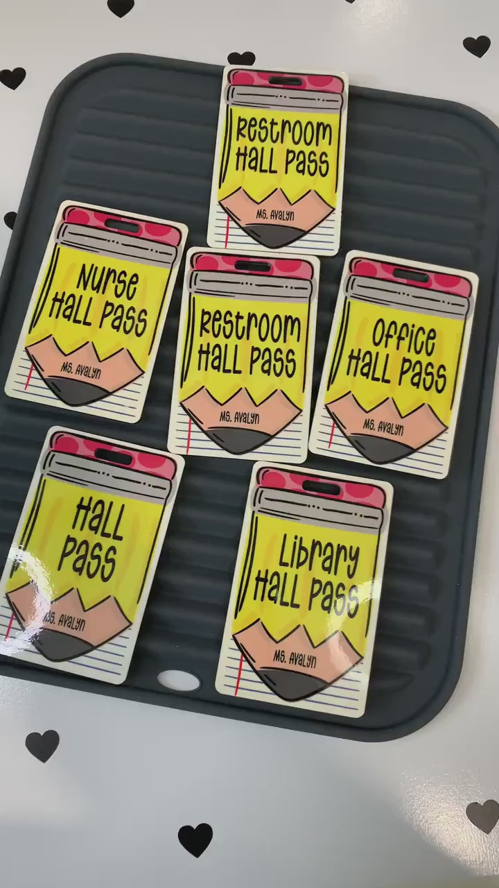 “Whimsical pencil and notebook themed hall pass for teachers”

“Double-sided classroom hall pass with lanyard”

“Back to school teacher gift – custom hall pass set”