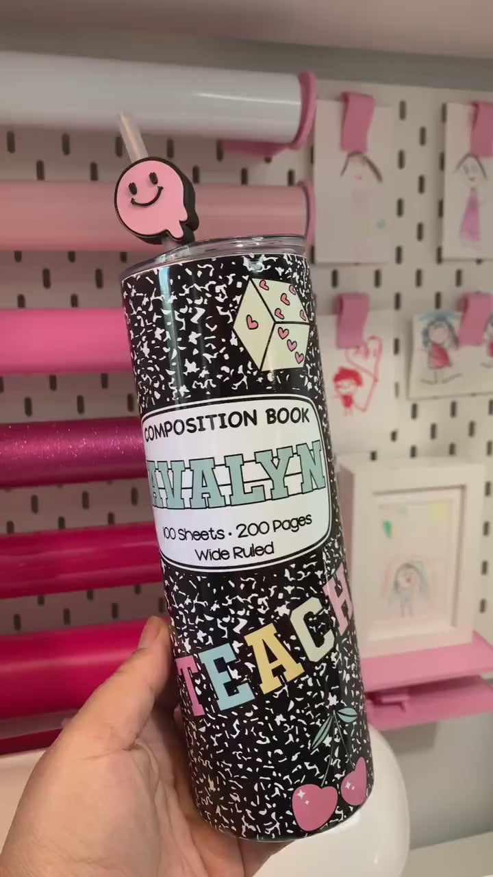 20oz Stainless Steel Glitter Composition Doodle Custom Tumbler with Straw Topper – Personalized Teacher Gift
