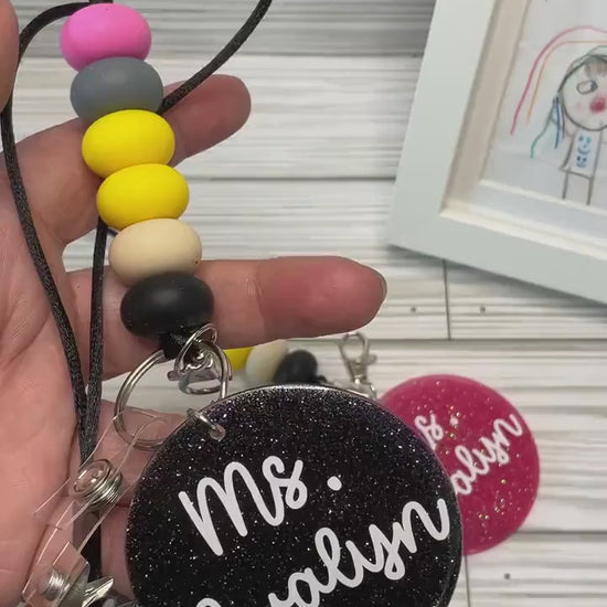 Personalized Teacher Lanyard: Silicone Beads, Glitter Charm