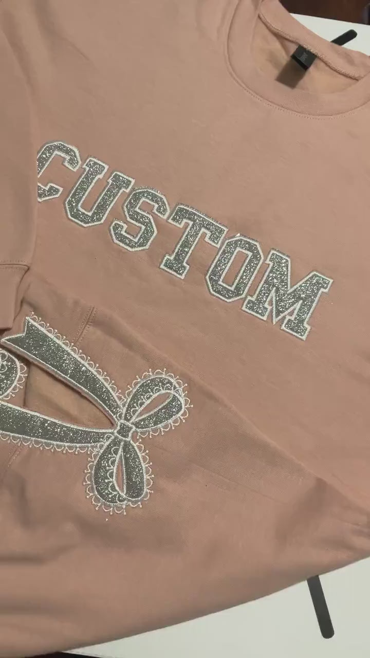 Custom Embroidered Lace Side Bow Appliqué Sweatshirt Design | Custom Embroidered Appliqué Sweatshirt | Personalized Christmas Gifts